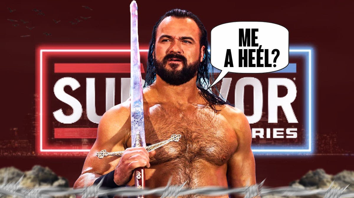 Drew McIntyre holding his sword with a text bubble reading “Me, a heel?” with the 2023 Survivor Series logo as the background.