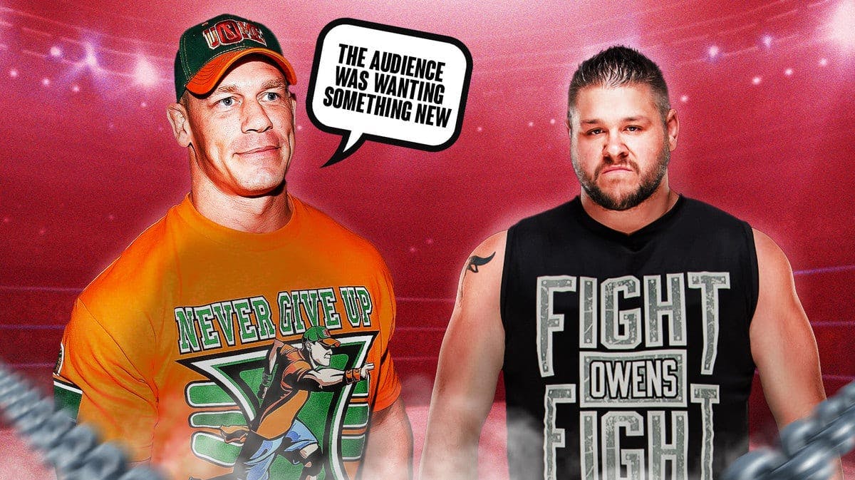 2015 John Cena with a text bubble reading “The audience was wanting something new” in a WWE ring with 2015 Kevin Owens.
