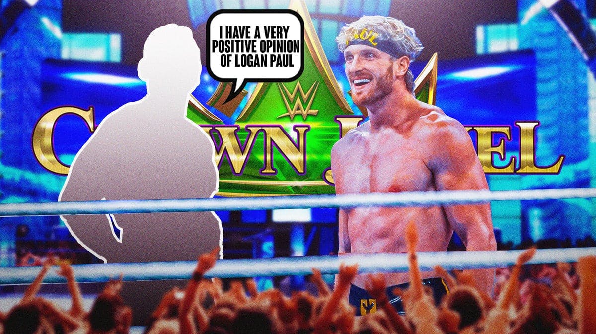 The blacked-out silhouette of Gunther with a text bubble reading “I have a very positive opinion of Logan Paul” next to Logan Paul with the WWE Crown Jewel logo as the background.