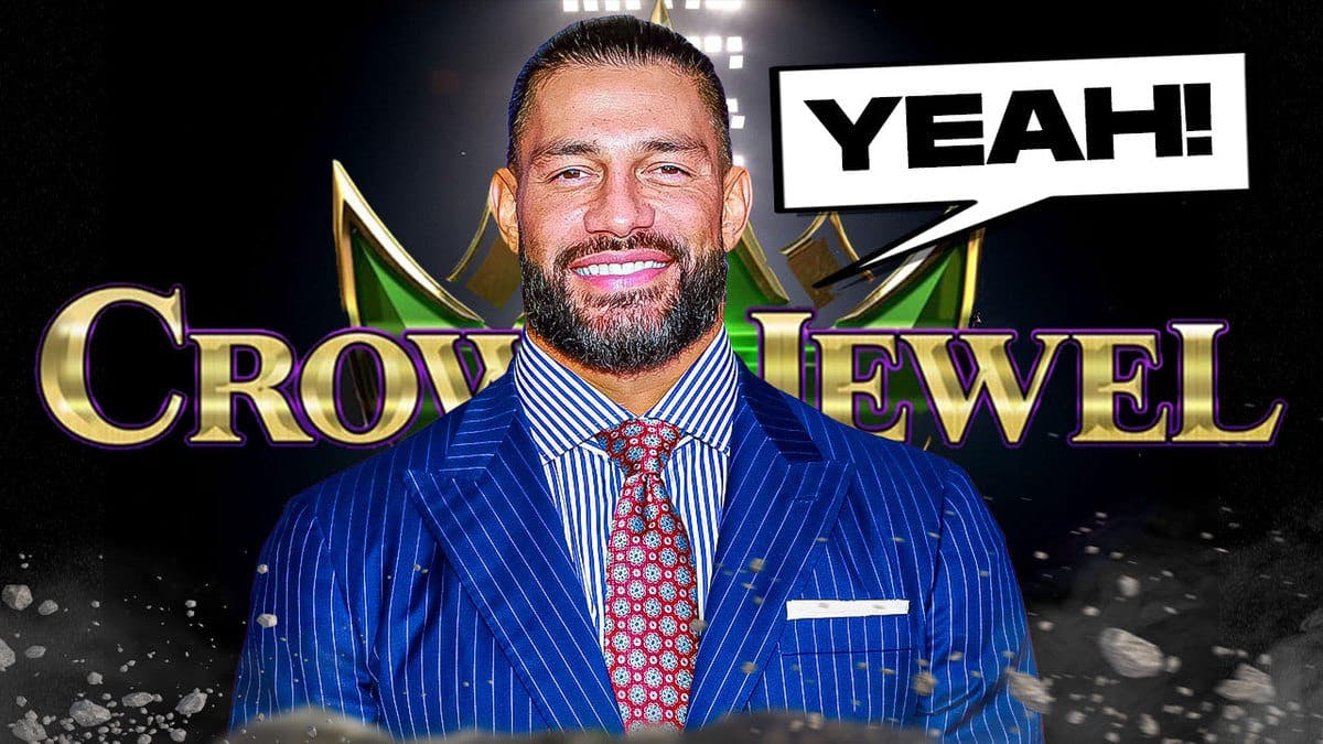 Roman Reigns with a text bubble reading “Yeah!” in front of the WWE Crown Jewel logo.
