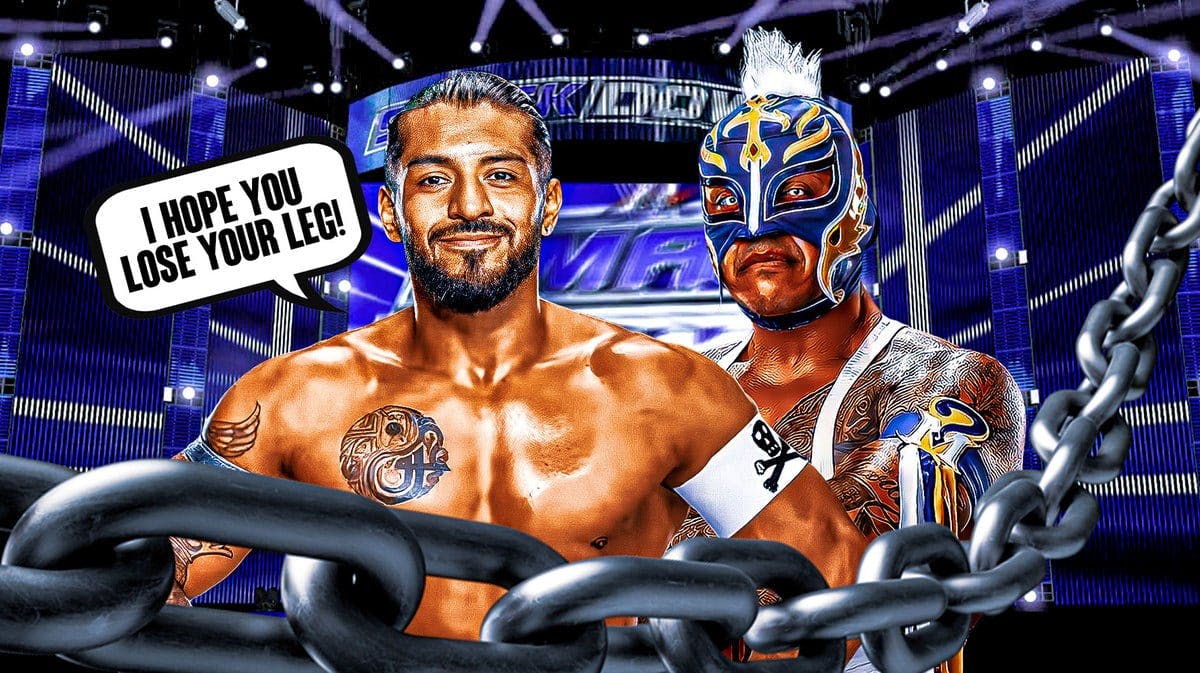 Santos Escobar with a text bubble reading “I hope you lose your leg!” next to Rey Mysterio with with SmackDown logo as the background.