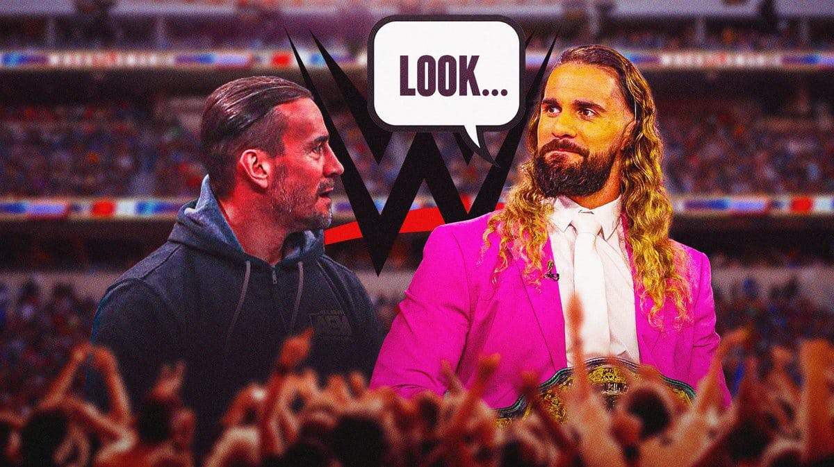 Seth Rollins with a text bubble reading “Look…” next to CM Punk with the WWE logo as the background.