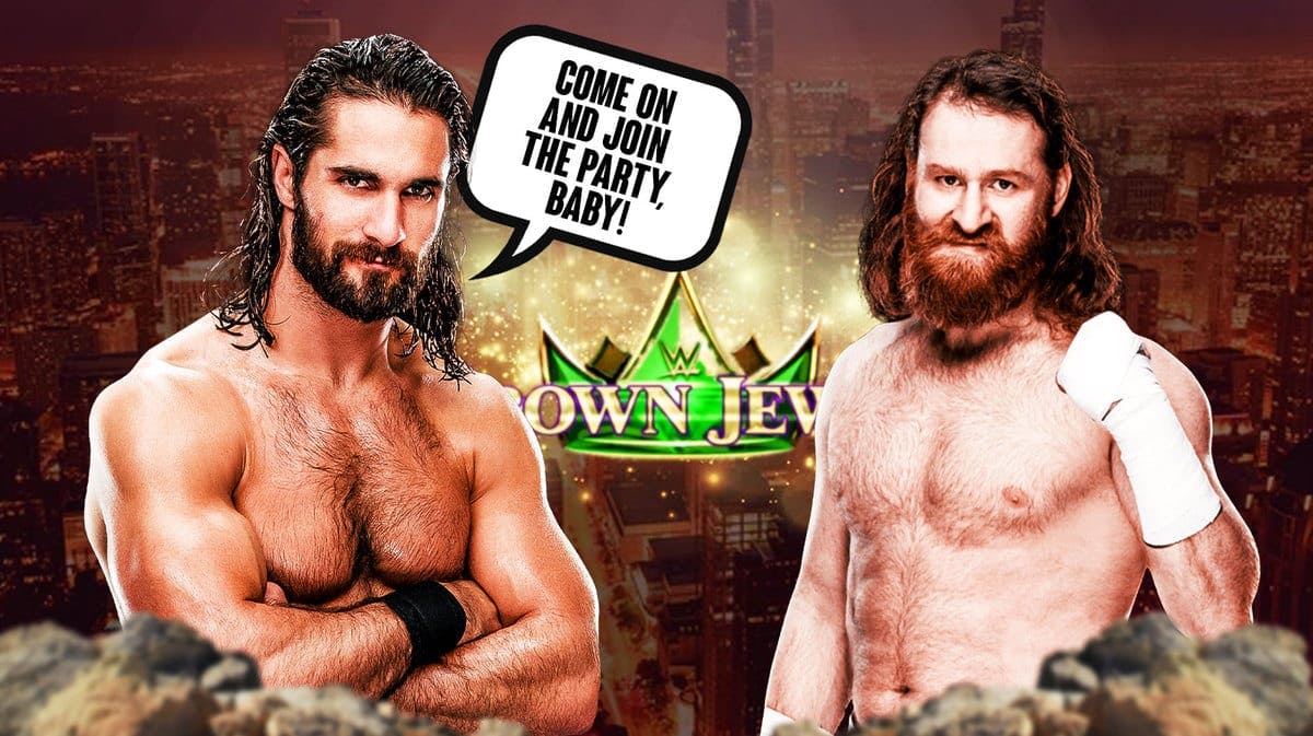 Seth Rollins with a text bubble reading “Come on and join the party, baby!” next to Sami Zayn with the WWE Crown Jewel logo as the background.