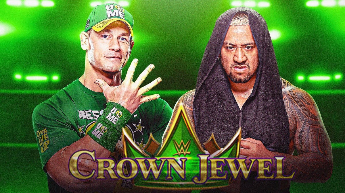 Solo Sikoa next to John Cena in front of the WWE Crown Jewel logo.