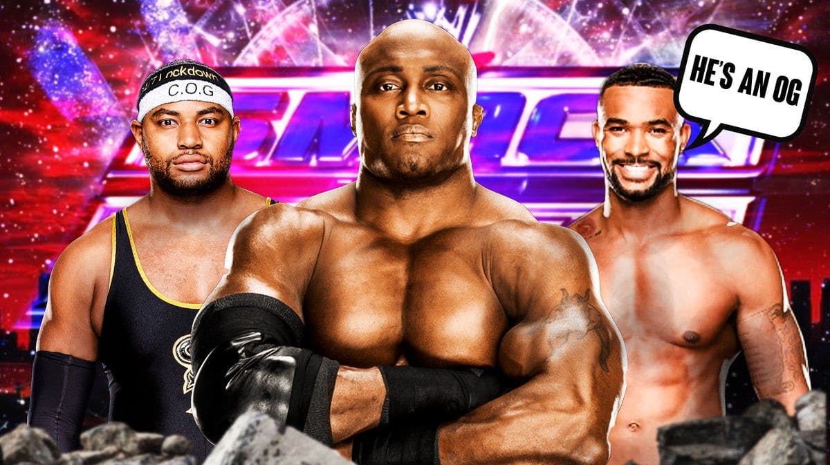 Bobby Lashley with Angelo Dawkins on his left and Montez Ford on his right with a text bubble reading “He’s an OG” with the SmackDown logo as the background.