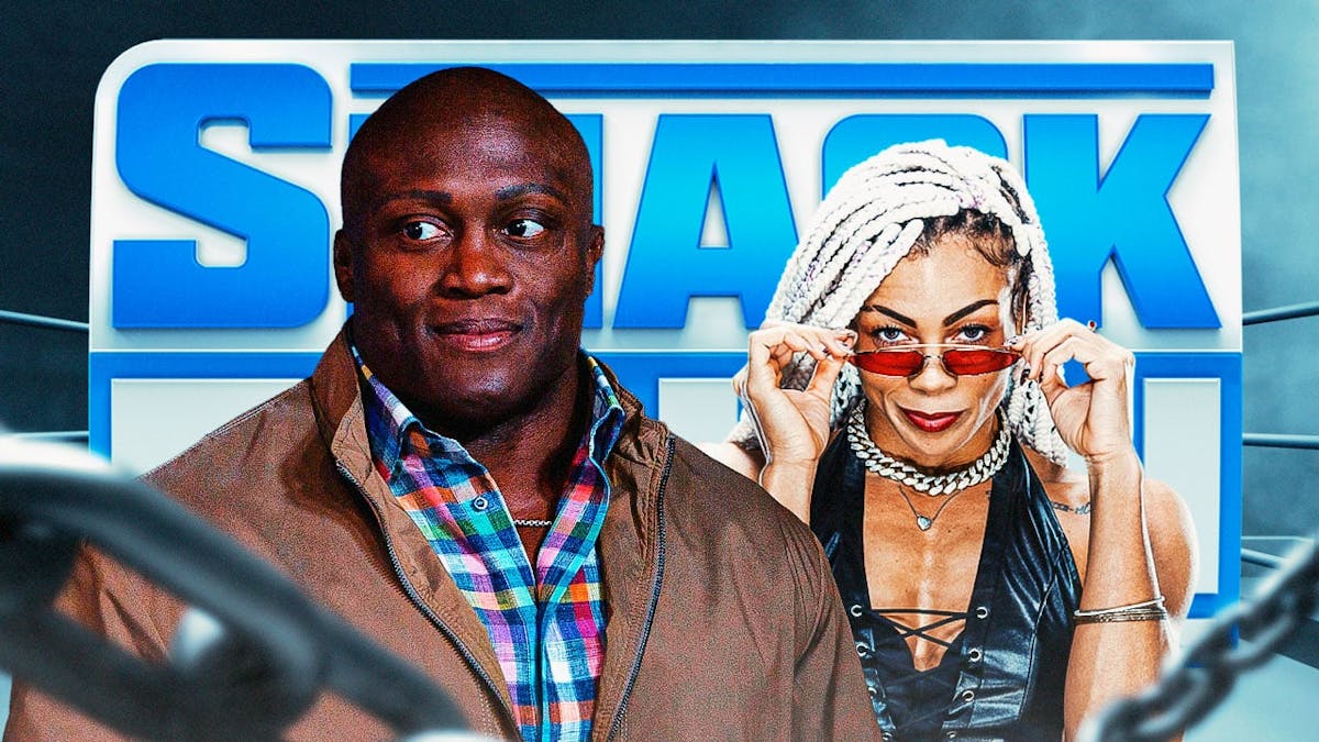 Bobby Lashley and B-Fab in front of the SmackDown logo.