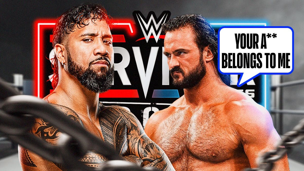 Drew McIntyre with a text bubble reading “Your a** belongs to me!” next to Jey Uso with the 2023 WWE Survivor Series logo as the background.