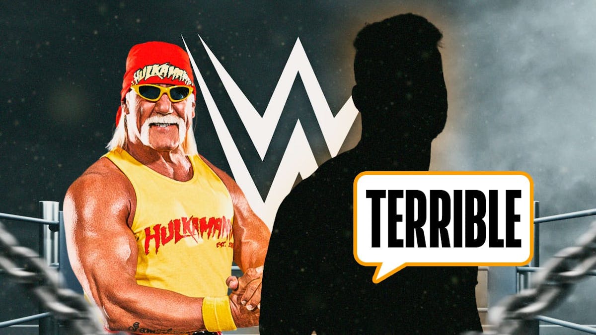 The blacked-out silhouette of MJF with a text bubble reading “Terrible” next to Hulk Hogan with the WWE logo as the background.