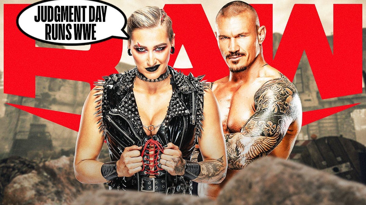 Rhea Ripley with a text bubble reading “Judgment Day runs WWE” NEXT TO Randy Orton with the RAW logo as the background.