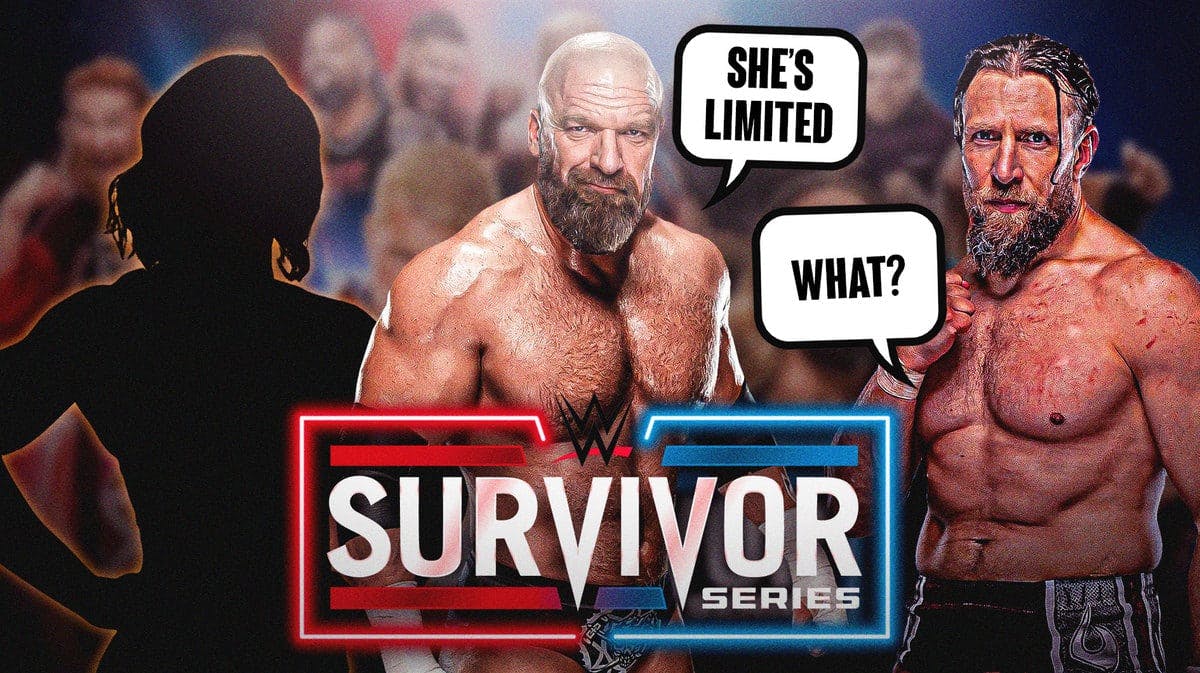 Triple H in the middle with a text bubble reading “She’s limited” next to Bryan Danielson with a text bubble reading “What?” on his left and the blacked-out silhouette of Jade Cargill on his right with the 2023 Survivor Series logo as the background.