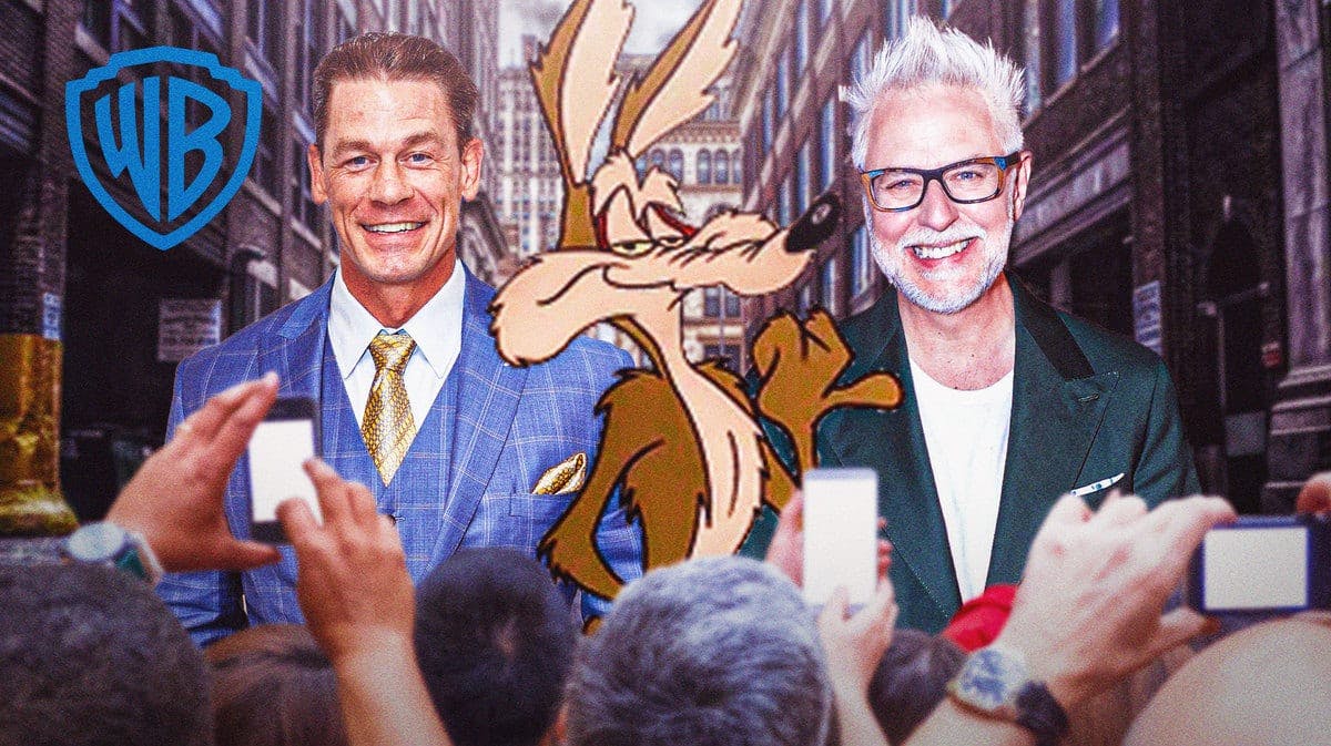 Warner Bros logo next to John Cena, Wile E. Coyote, and James Gunn with city background.