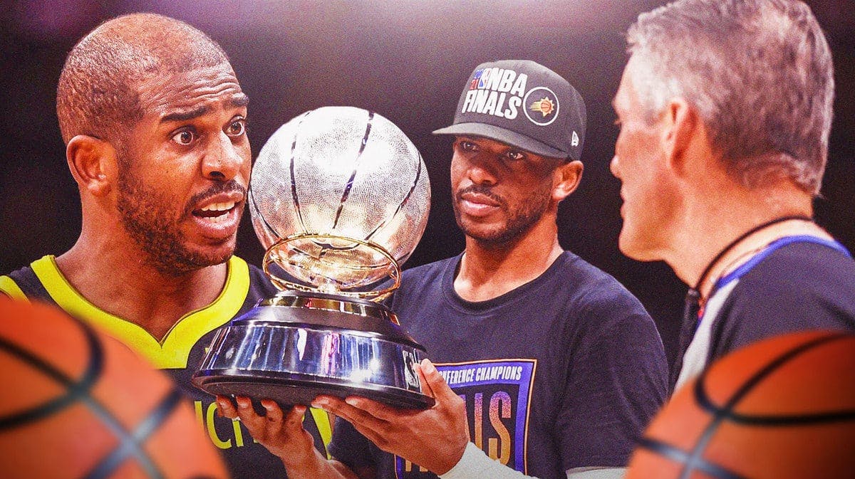 picture of Chris Paul calling Scott Foster a b*tch (November 21, 2023, Suns vs. Warriors), with a picture of Paul on the right holding the 2021 WCF trophy
