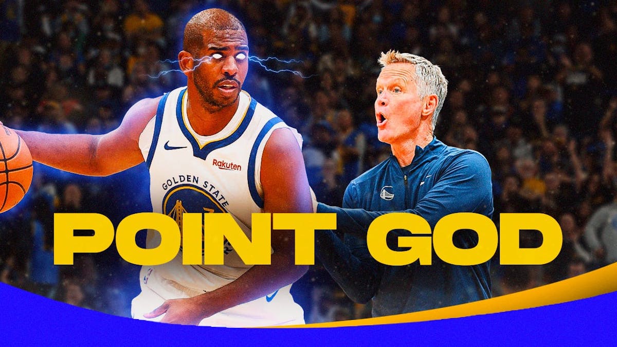 Warriors' Steve Kerr in awe of Chris Paul as the Point God (make him look like a god, with shining lights, etc.), with caption below: POINT GOD