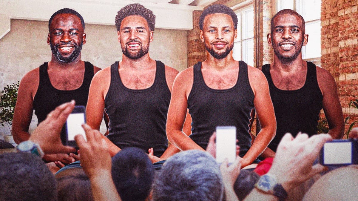 Warriors' Stephen Curry, Klay Thompson, Draymond Green, and Chris Paul all doing yoga with calm faces