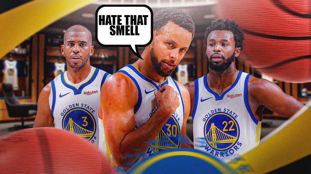 Stephen Curry looking serious/angry in Warriors locker room saying “Hate that smell”, Chris Paul, Andrew Wiggins behind him in Warriors jerseys as well.