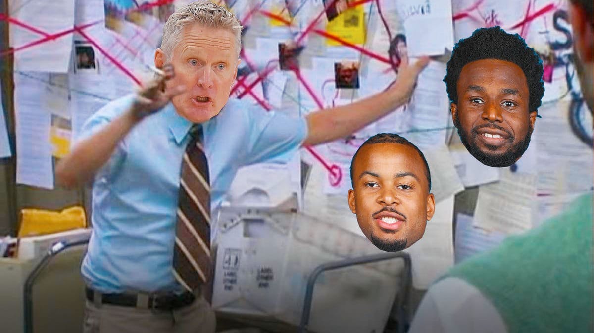 Steve Kerr (Warriors) as this explaining guy meme, with Moses Moody and Andrew Wiggins' heads on the board