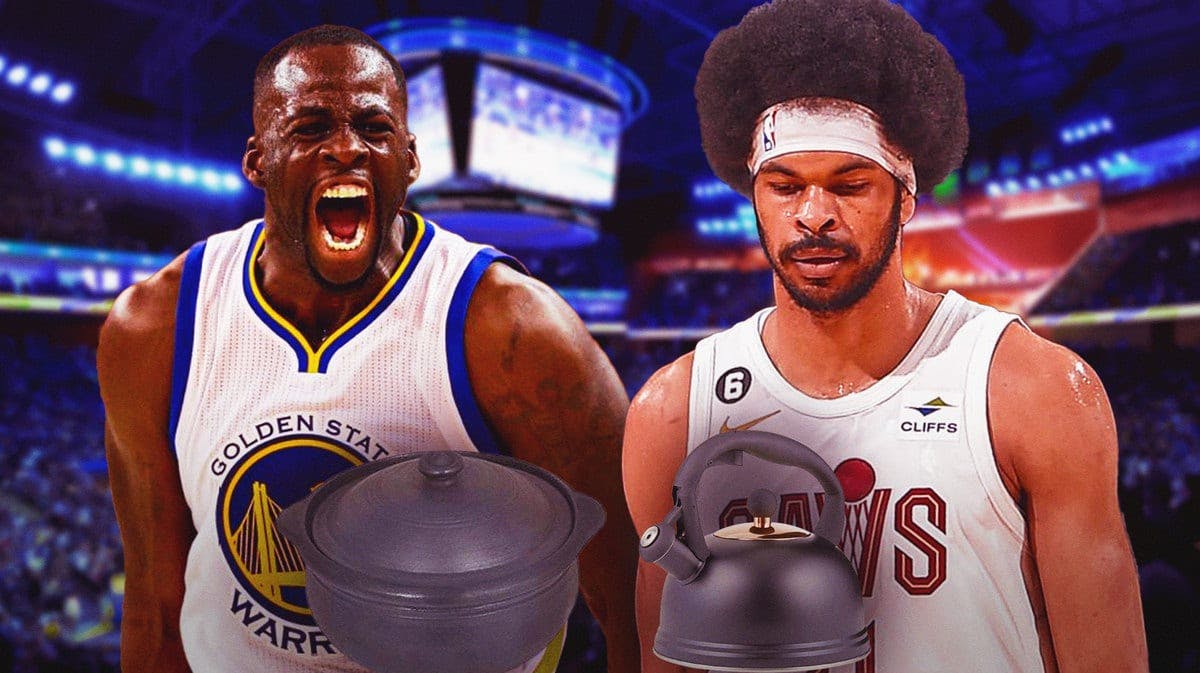 Warriors' Draymond Green angry at Cavs' Jarrett Allen, with a picture of a black pot (for cooking, not plants) over Draymond and a picture of a black kettle over Allen
