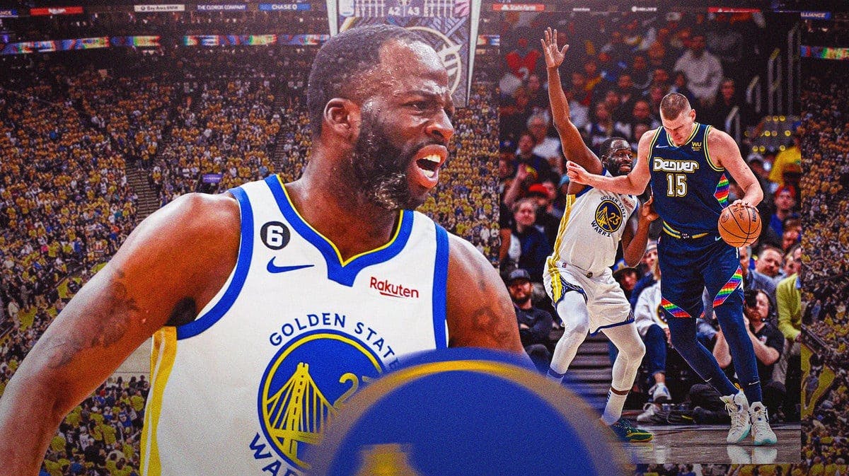 Warriors' Draymond Green hyped up on the left, with a picture of Green defending Nikola Jokic during the 2022 NBA playoffs on the right