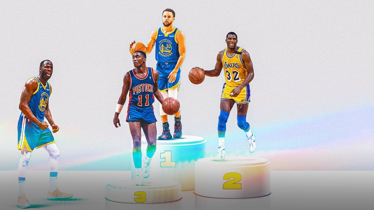 Warriors' Draymond Green hyped up, with Stephen Curry on the number 1 spot in a podium, with Lakers' Magic Johnson at #2 and Pistons' Isiah Thomas at #3