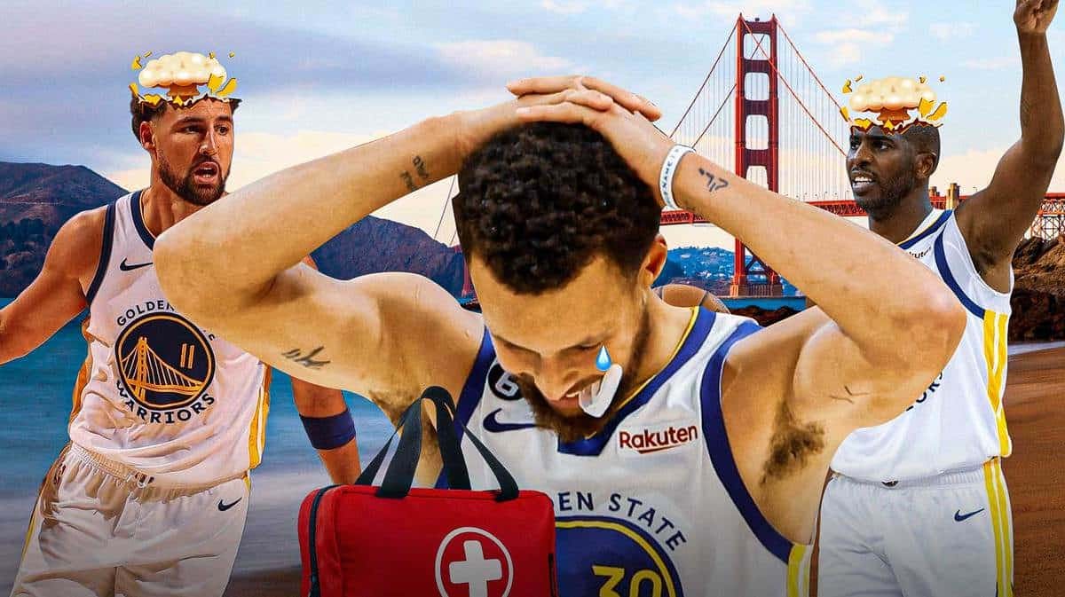 Warriors' Stephen Curry with animated tears and holding a first-aid kit. Klay Thompson and Chris Paul with mind-blown heads