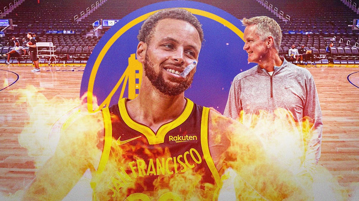 Steph Curry in middle looking happy with fire around him, Steve Kerr in background looking happy, Warriors logo, basketball court in background