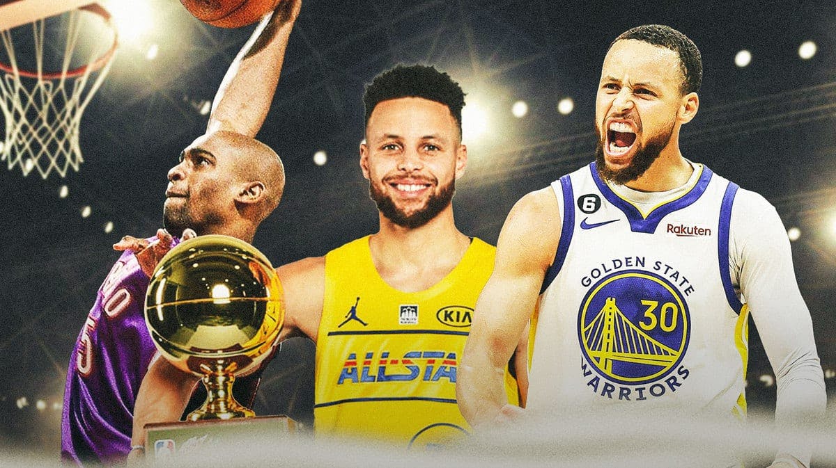 Warriors' Stephen Curry in the middle hyped up, with Raptors' Vince Carter dunking in the 2000 Slam Dunk Contest on the left and Curry holding the 2021 three-point contest crown on the right