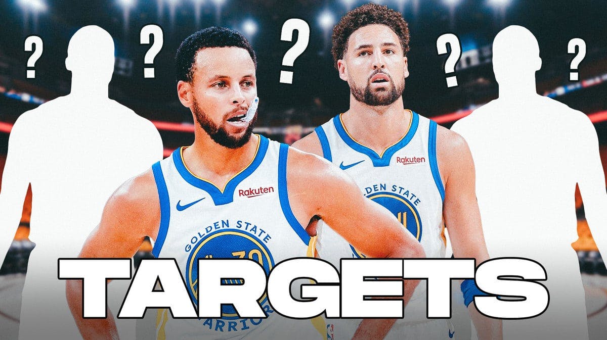 Steph Curry and Klay Thompson in the middle, two Mystery Players around them, and question marks (❓) in the background.