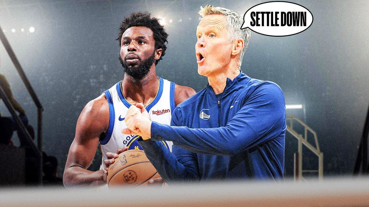 Golden State Warriors' Steve Kerr and a speech bubble from Kerr that reads “Settle Down” and an image of Warriors' Andrew Wiggins next to him