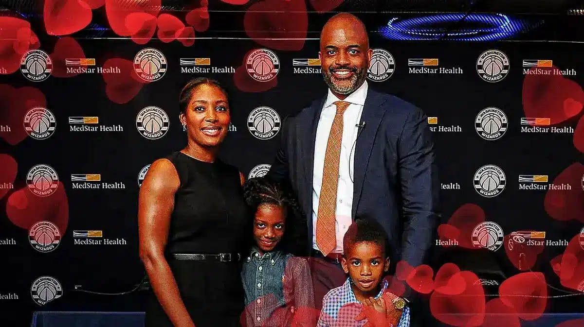 Wes Unseld Jr. and Evelyn Unseld and their children surrounded by hearts.