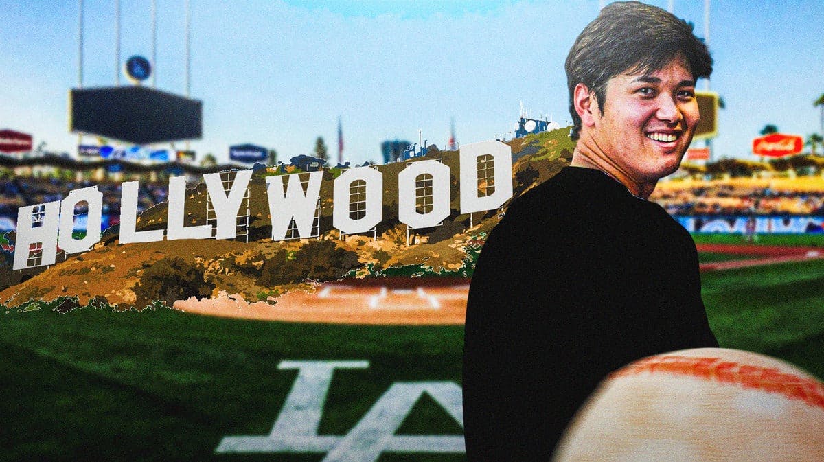 Shohei Ohtani in a a blank jersey with his back turned from the Hollywood sign