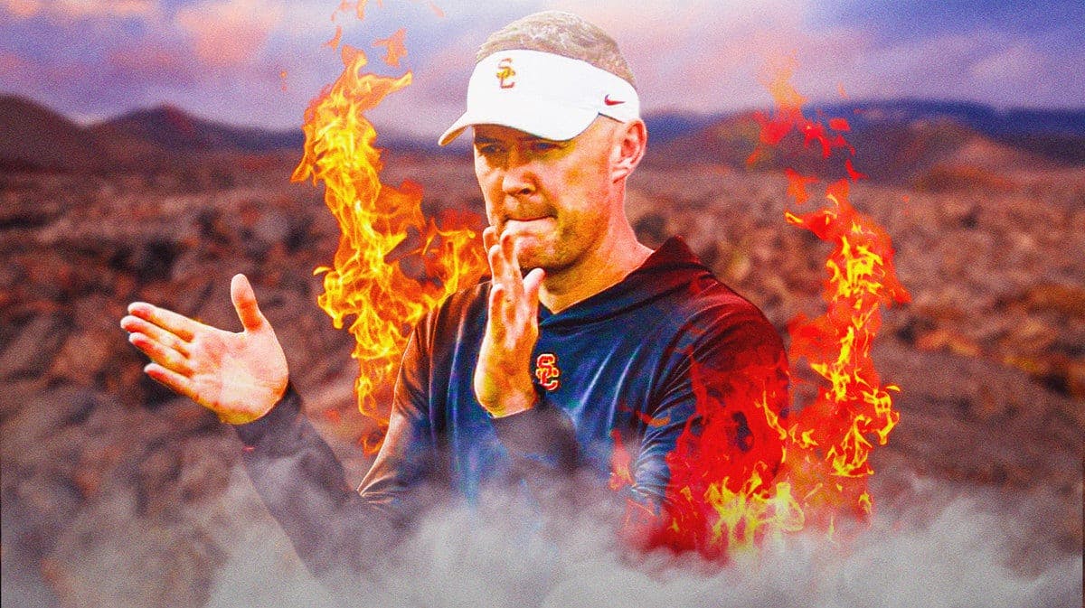 Lincoln Riley, USC football head coach with flames around him