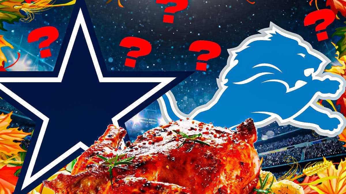 Image: Cowboys and Lions logos with some thanksgiving foods and some questions marks