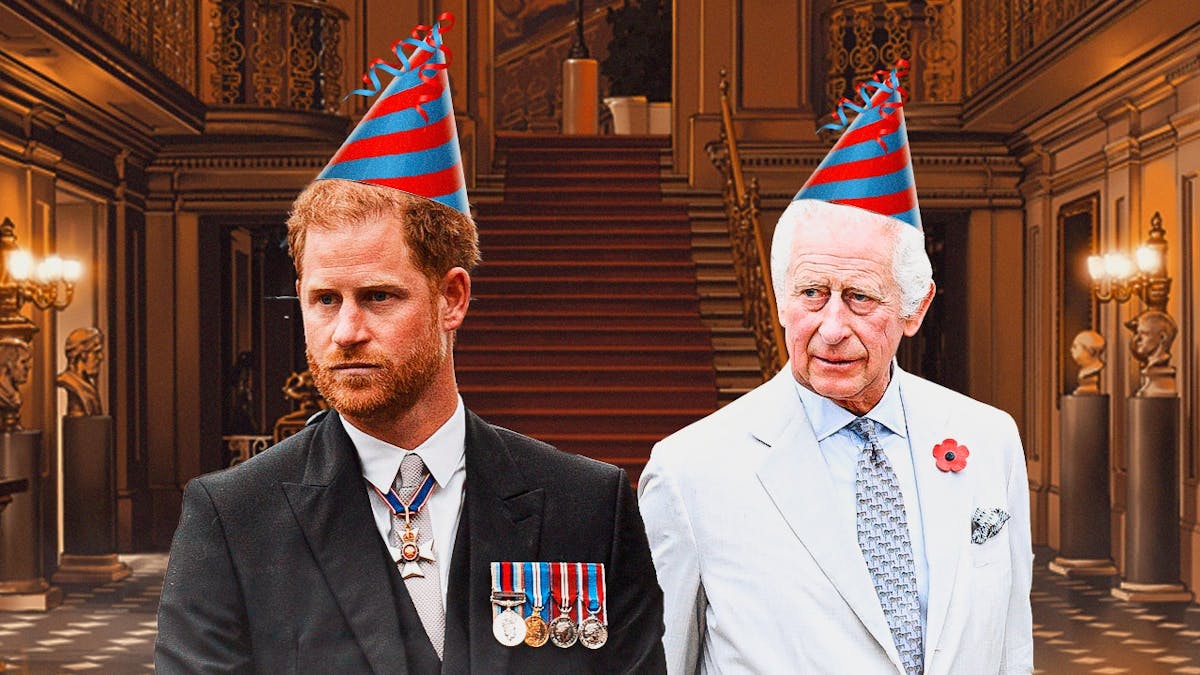 Prince Harry and King Charles with a birthday hat.