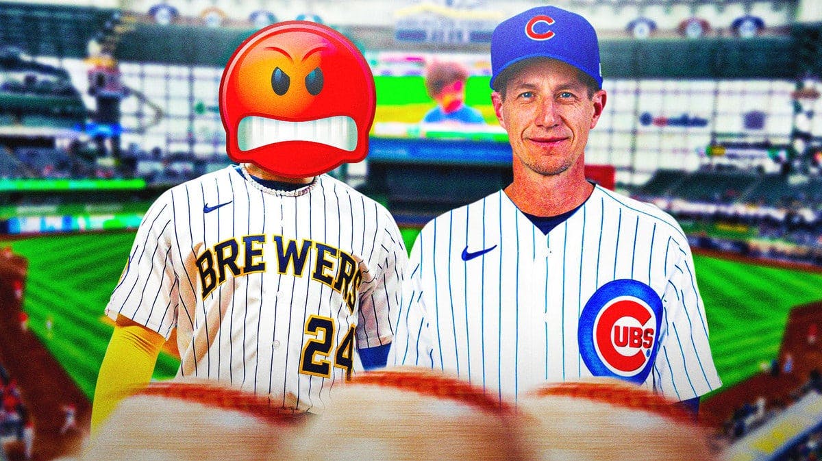 William Contreras with an angry emoji as his head in Brewers jersey, Craig Counsell coaching but have him in Cubs jersey please
