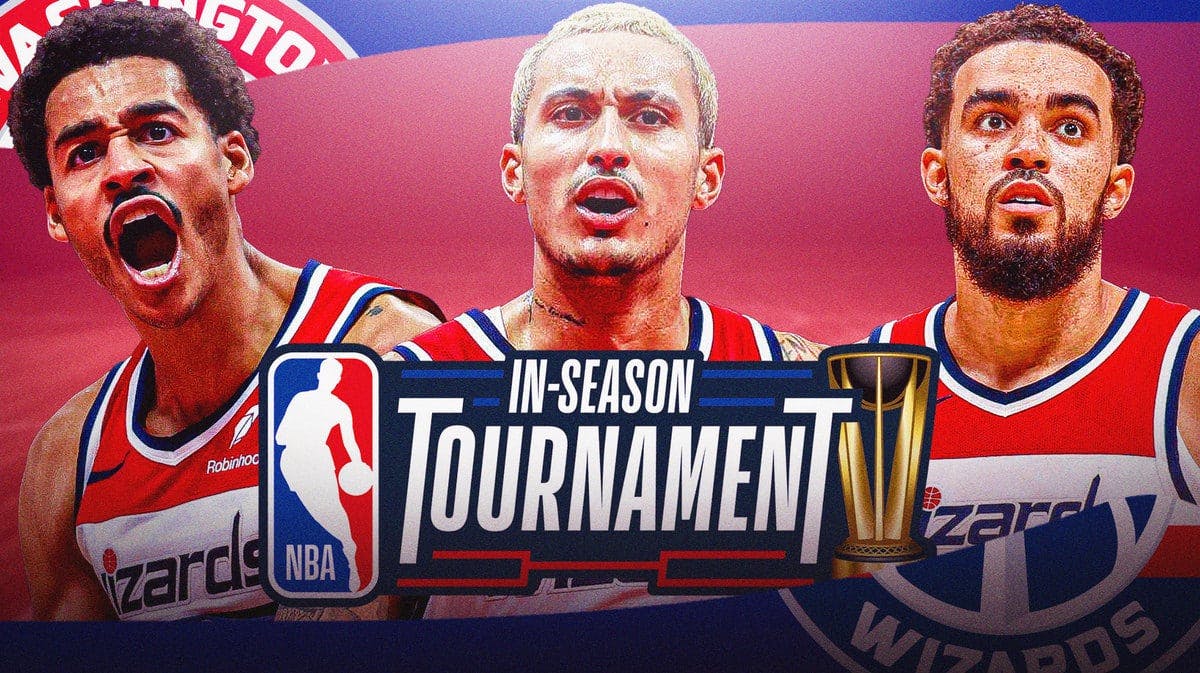 Wizards' Jordan Poole, Kyle Kuzma, and Tyus Jones all hyped up, with the NBA In-Season Tournament logo in the middle