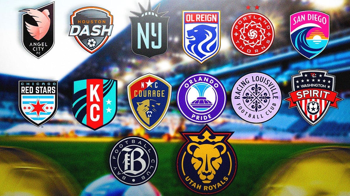 The logos of the NWSL teams, including the NWSL expansion teams, on a soccer field, before the NWSL expansion draft