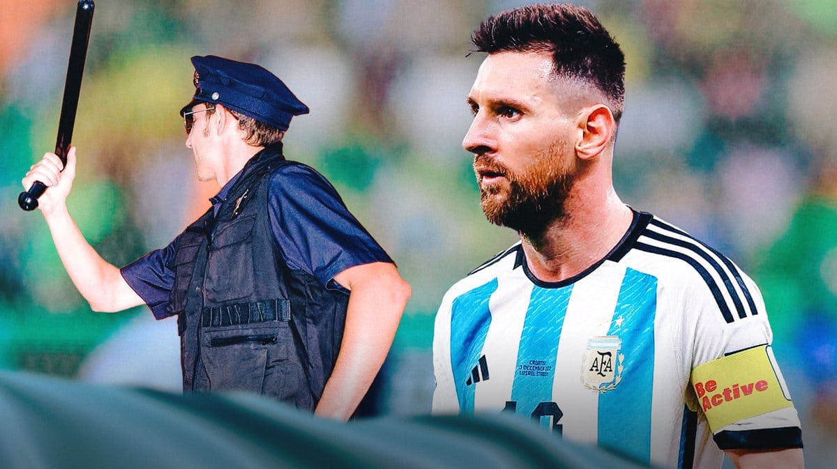 Lionel Messi looking at agressive policemen in a footbal crowd world cup