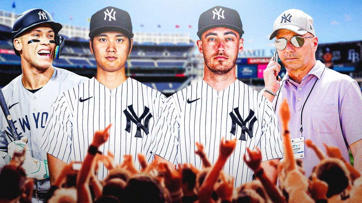 Yankees' Aaron Judge smiling, Shohei Ohtani in a Yankees' uniform, Yankees' Brian Cashman, Cody Bellinger in a Yankees' uniform.