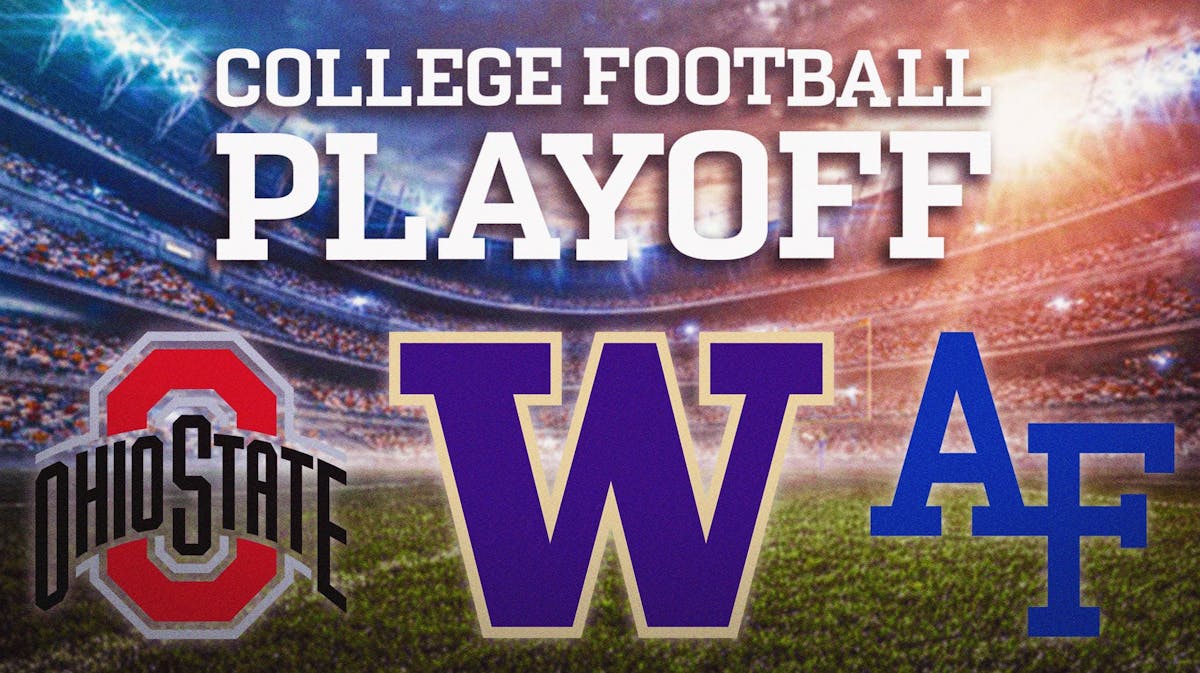 College Football Playoff rankings, Ohio State, Washington, Air Force, CFP Committee, Ohio State, Washington and Air Force logos with College Football Playoff logo in the background