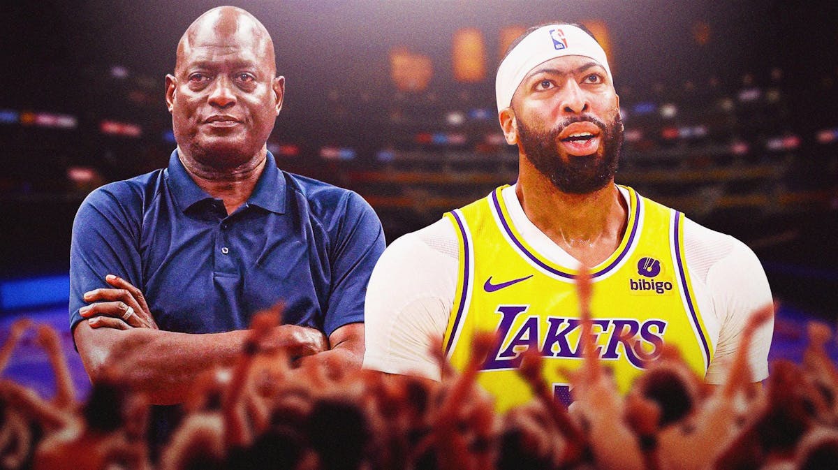 Los Angeles Lakers star Anthony Davis and legend Michael Cooper in front of fans at Crypto.com arena.