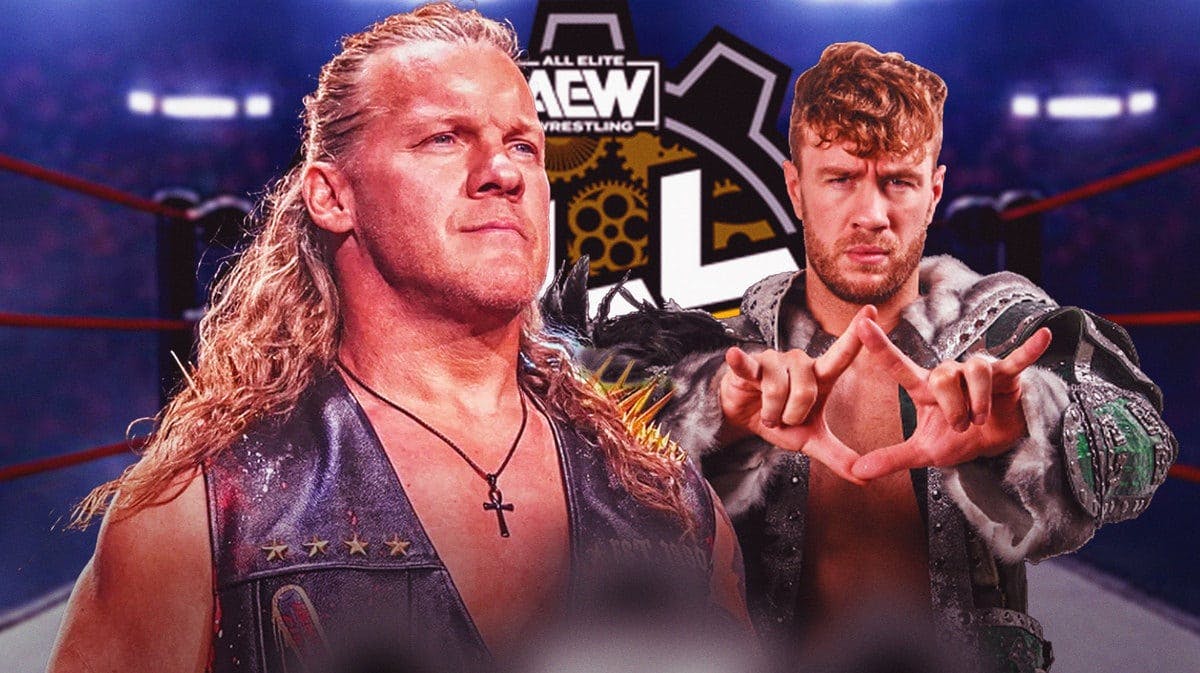 Chris Jericho and Will Ospreay in front of the AEW Full Gear logo.