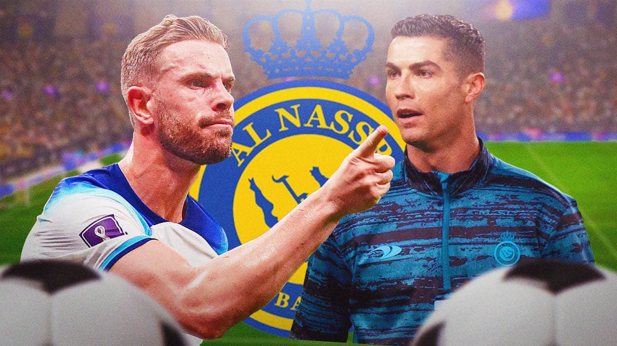 Cristiano Ronaldo and Jordan Henderson shouting towards each other, the Al-Nassr logo at the back