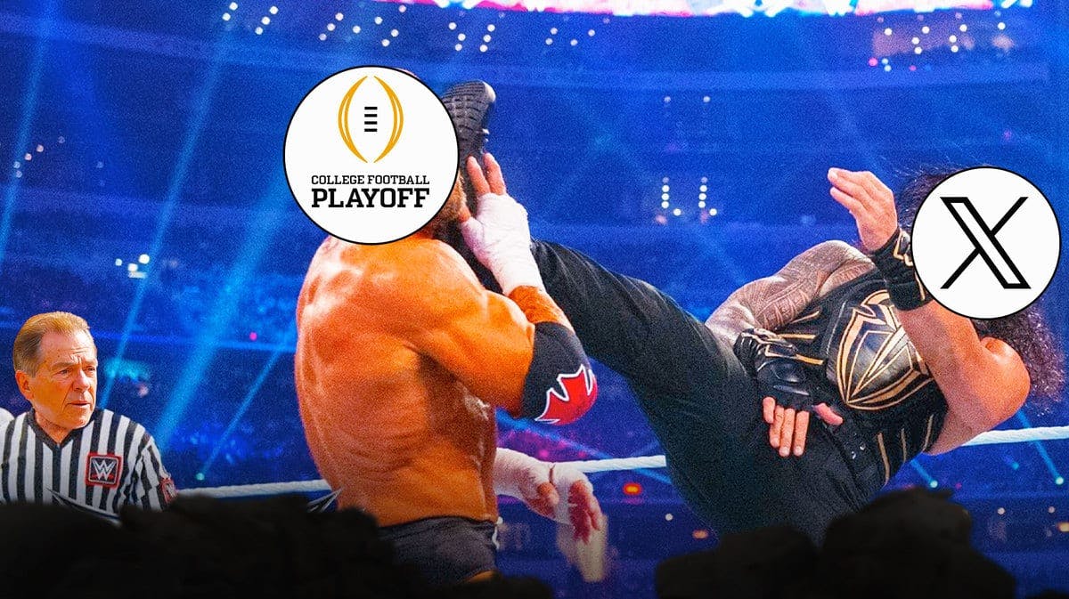 X (formerly Twitter) logo on the face of the man on the right then logo of the College Football Playoff on the face of the dude getting kicked in the face.