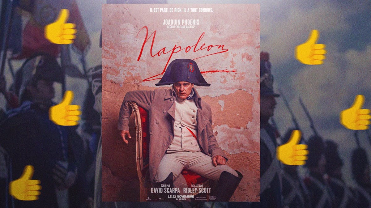 Movie poster for Napoleon with Joaquin Phoenix, surrounded by thumbs-up emojis.