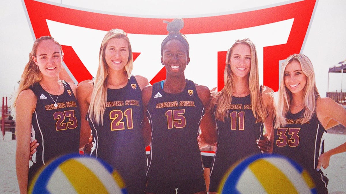 The ASU women's beach volleyball and women's lacrosse teams in front of the bIg 12 logo
