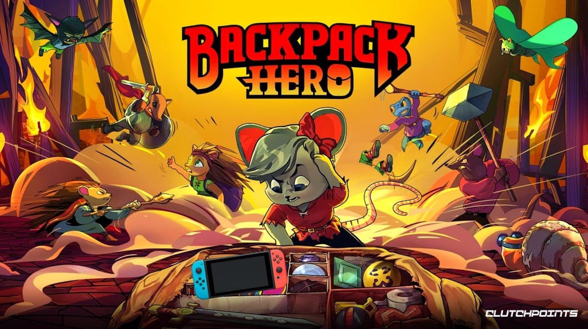 backpack hero switch, backpack hero, backpack hero nintendo switch, the cover photo for Backpack hero with the main character looking at a nintendo switch inside their bag