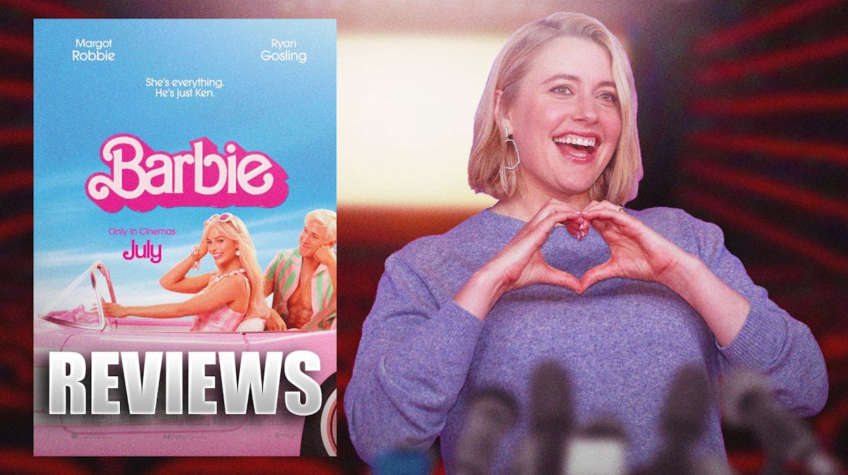 Greta Gerwig and the poster for Barbie movie.