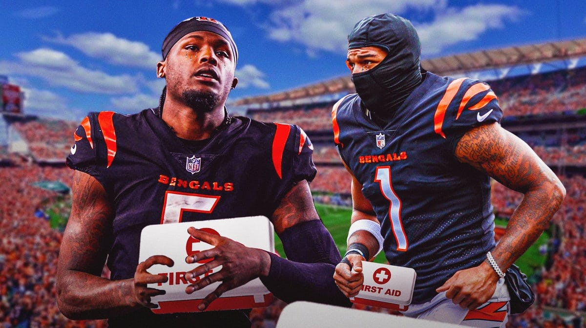 Bengals' Tee Higgins and Ja'Marr Chase both with animated tears while holding a first-aid kit