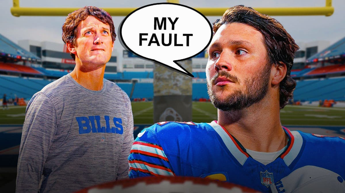 Buffalo Bills QB Josh Allen and speech bubble “My Fault” and former Bills offensive coordinator Ken Dorsey