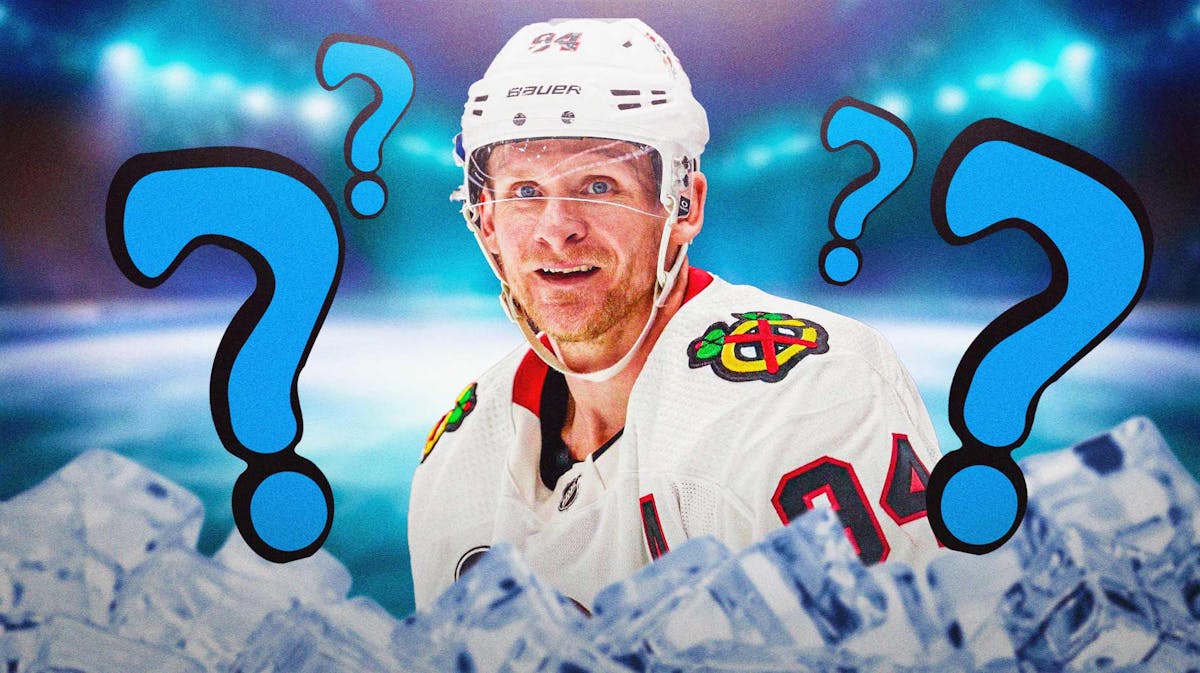 Corey Perry in a Blackhawks jersey with question marks around him